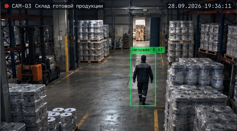 Видеоконтроль склада готовой продукции ЛКМ: камера фиксирует кладовщика и погрузчик