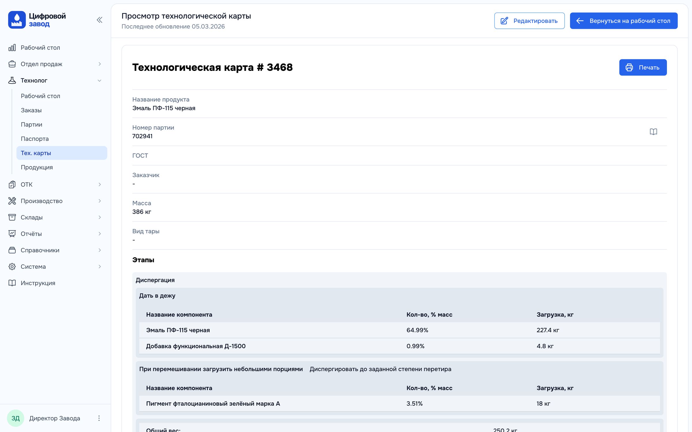 Технологическая карта краски в системе: этапы диспергации, компоненты и загрузка в дежу