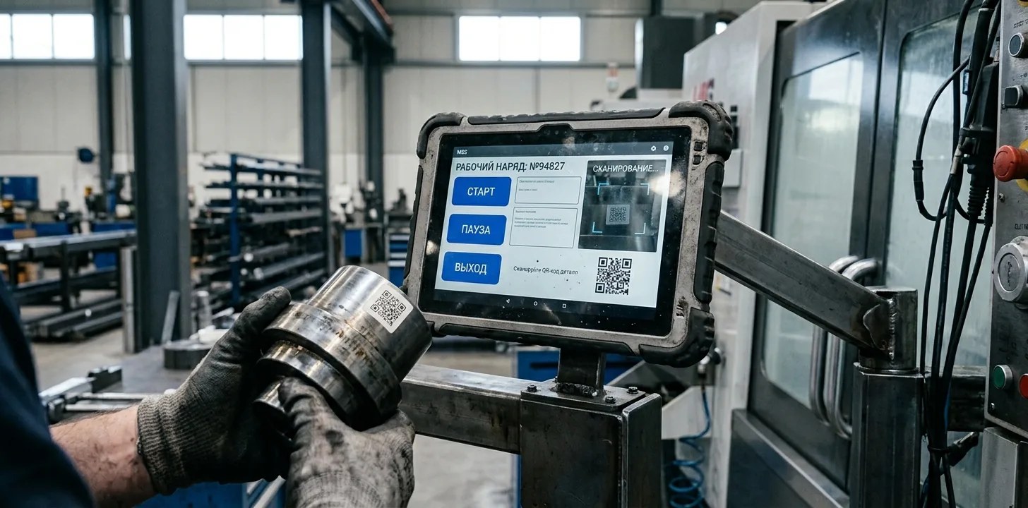MES-система в цеху: рабочий сканирует QR-код детали, на планшете у станка открыт сменный наряд